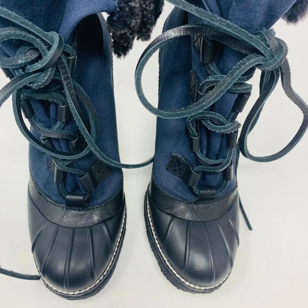TORY BURCH Fairfax Shearling-Lined Wedge Boot, Black/Washed Navy, size 7 - Picture 4 of 12